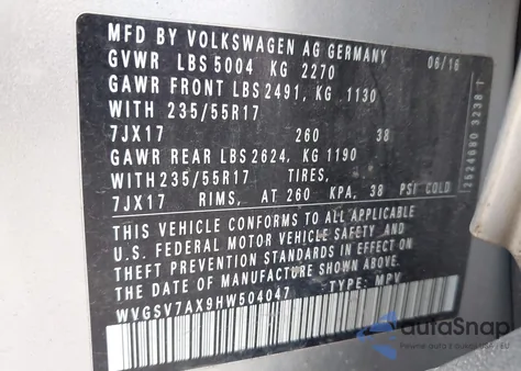 2017 Volkswagen Tiguan 2.0T Wolfsburg Edition z USA, uszkodzony, nr VIN WVGSV7AX9HW504047